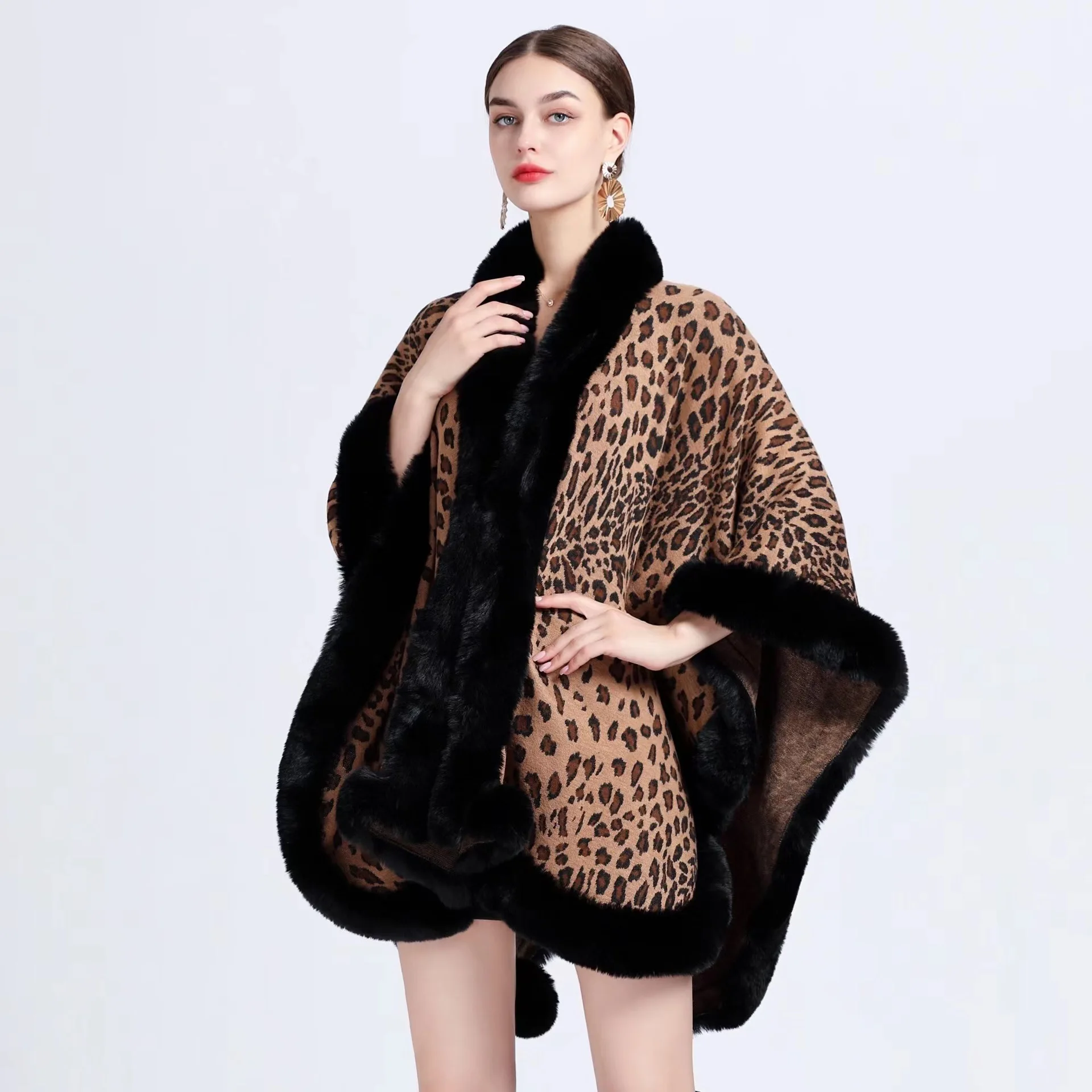 

Women Faux Rabbit Fur Leopard Loose Cardigan Big Pendulum Cape Shawl Coat Winter Thick Warm Sleeveless Outer Wear Long Cloak