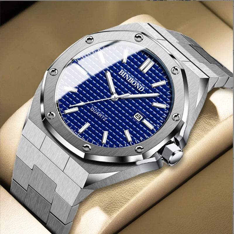BINBOND Fashion Men's Alloy Strap Watch with Octagonal Screw Design and Quartz Movement