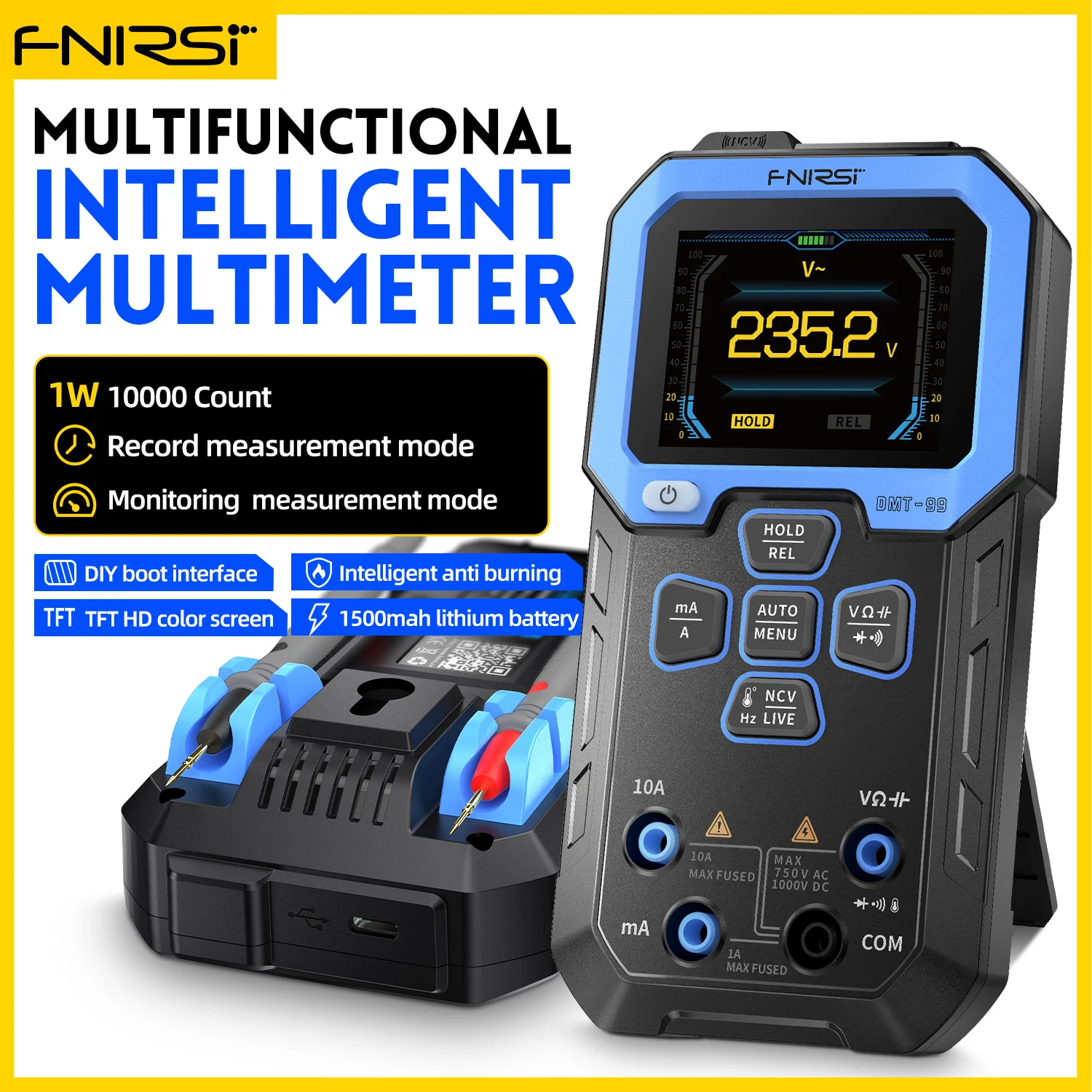 FNIRSI DMT-99 디지털 멀티미터 9999 카운트 스마트 전문 테스터 1000V 10A 트루 RMS 자동 범위 AC DC 옴 Hz 커패시턴스