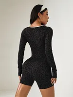 Sexy Leopard Print Sports Fitness Overalls Women Long Sleeve One Piece Bodysuit Female Yoga GYM Short Jumpsuit Black Streetwear - Image 4