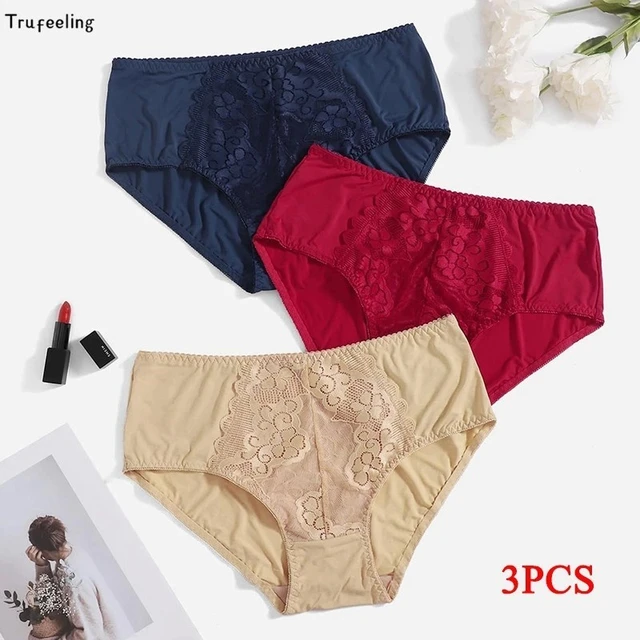 Trufeeling 3Pcs/lot Women's Sexy Panties Floral Briefs Lace Lingerie Plus  Size Underwear Silk Satin Shorts