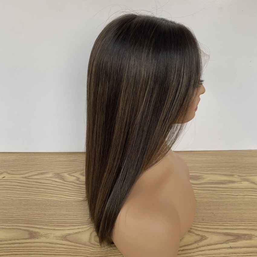 Virgin Human Hair Real HD Lace Front wig for Thinning Hair Jewish Wig Dark Brown Color with Highlights Full Density