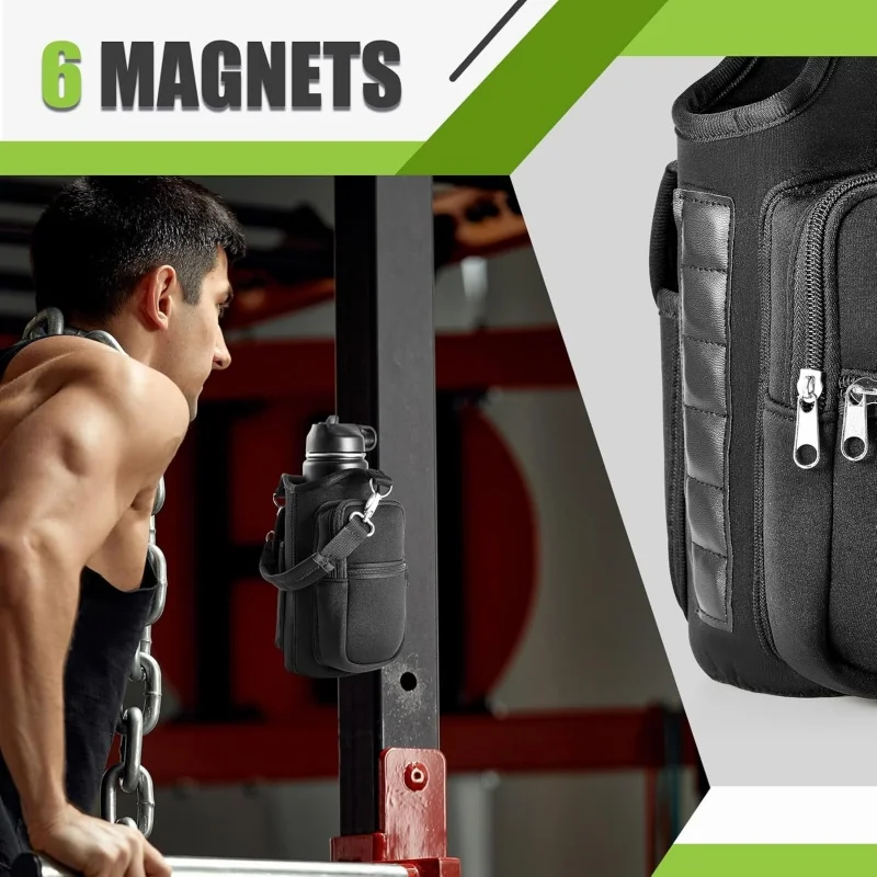 Magnetic Water Bottle Holder Gym Water Bottle Carrier Bag W/ Phone Pocket Handle Shoulder Strap 6 Built-in Magnets Water Bottle 3