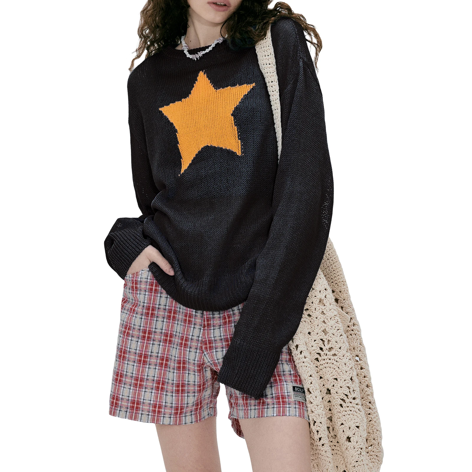 

Women Hollow Out Long Sleeve Crochet Knit Tops SweaterSee Through Fishnet Pullover Round Neck Knitwear