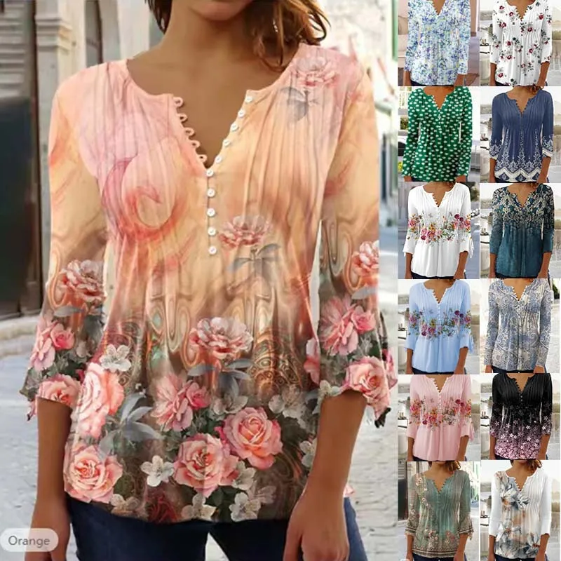 

Autumn Casual T shirt For Women V-neck Tops Fashion Flower Clothes Blusa Mujer Moda 2023 Camisetas Pleated Button T-shirt Tees