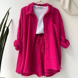 2023 Summer Women's Two Piece Casual Long Sleeve Short Sets Fashion Button Outfits Suit Solid Pleated Two Piece Set For Women