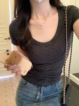 مثير س الرقبة ضئيلة تي شيرت المرأة القطن مطاطا الأساسية الصلبة الإناث بلايز عادية قصيرة الأكمام رقيقة تي شيرت انظر من خلال 2