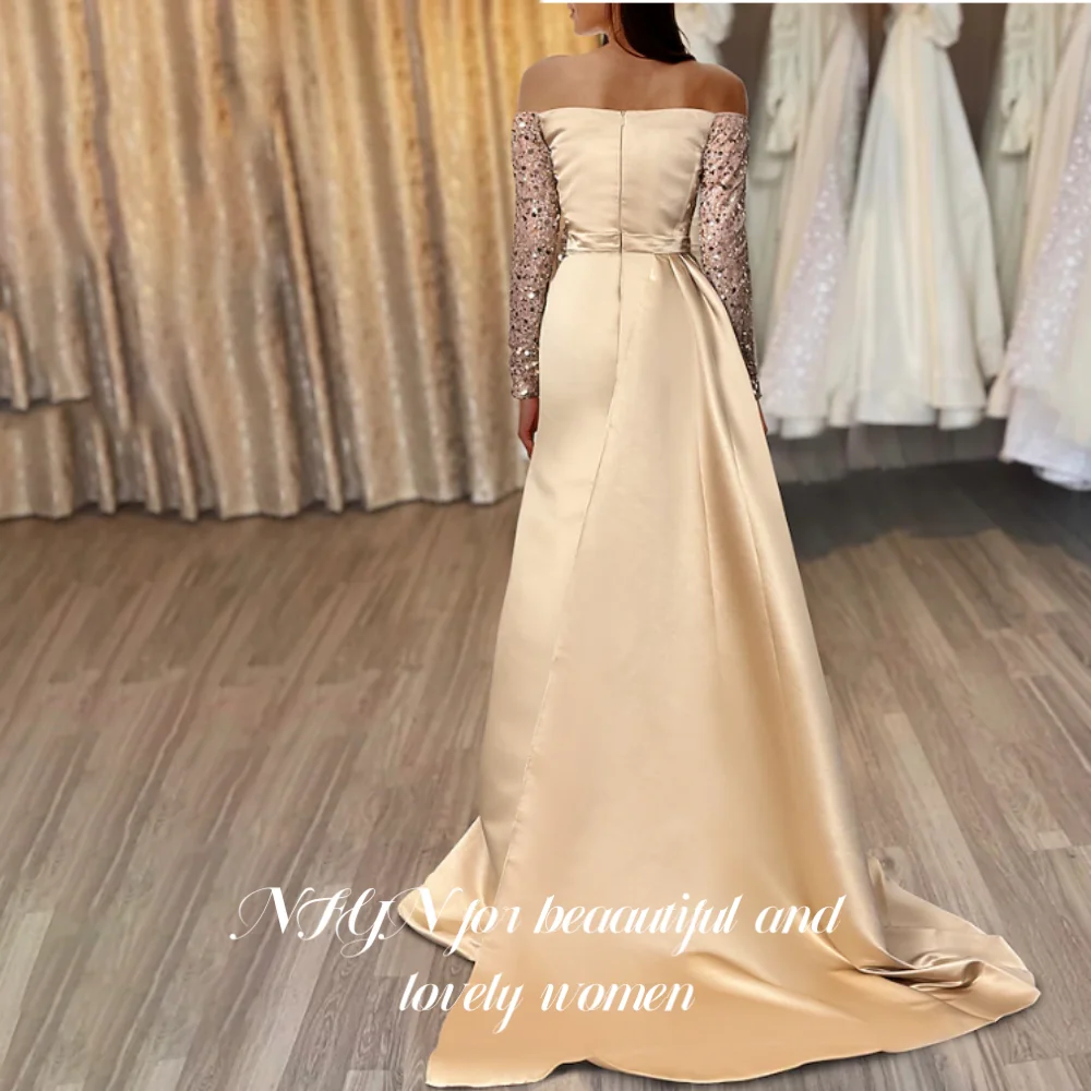 فستان NFYN لامع بأكمام طويلة للحفلات الذهبية بفتحة...
