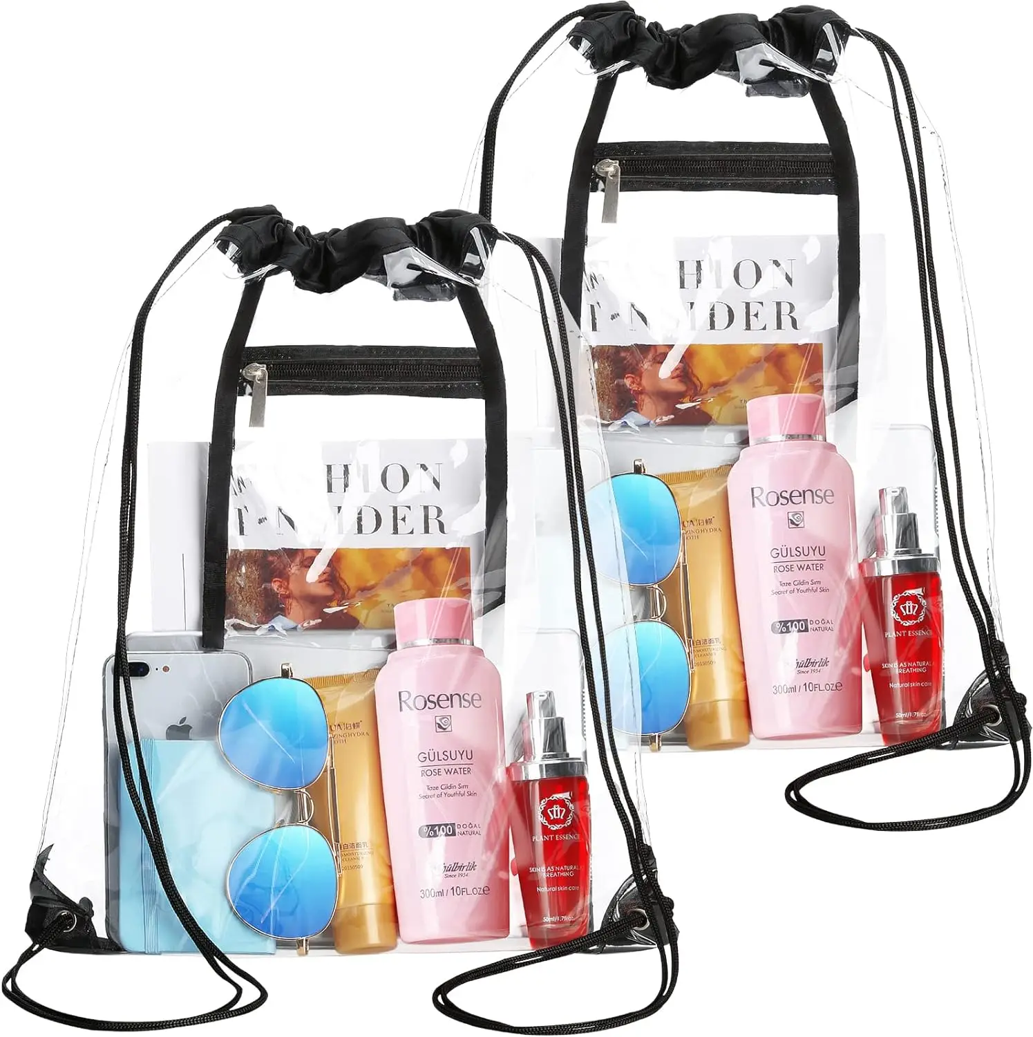 

2 PACK Clear Drawstring Bag Stadium Approved, See Through PVC Drawstring bags, Transparent Backpack with Inner Zipper Pocket