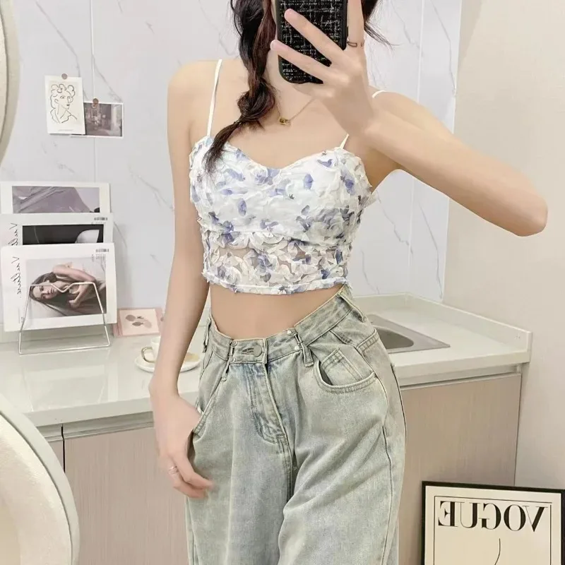 New Summer Sweet Floral Corset Office Women Beach Style Sleeveless Shirt Girls Cute Y2K Pink White Lace Slim Short Camisole Top