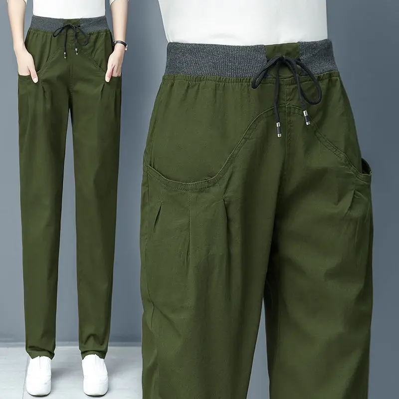 Spring Autumn Solid Color Elastic Waist Straight Pants Women High Street Casual Pocket Drawstring Pure Cotton All-match Trousers