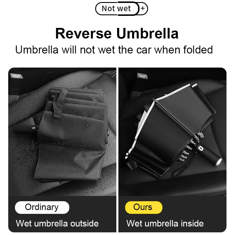 Folding Umbrella Automatic Umbrella Windproof LED Flashlight Reflective Stripe Reverse Light Rain Men Women Large