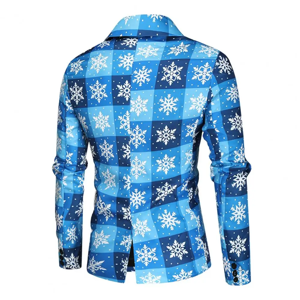 Men Jacket Pants Suit Cartoon Santa Snowflake Print Men Jacket Trousers Set 2 Pcs/Set New Year Party Coat Trousers Set