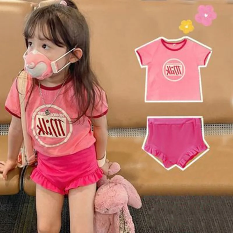 

Children's Cute Suit Summer Girls' Short-Sleeved Shirt+Lace Shorts Two-Piece Set3-8One-Piece Delivery for Children's Clothing