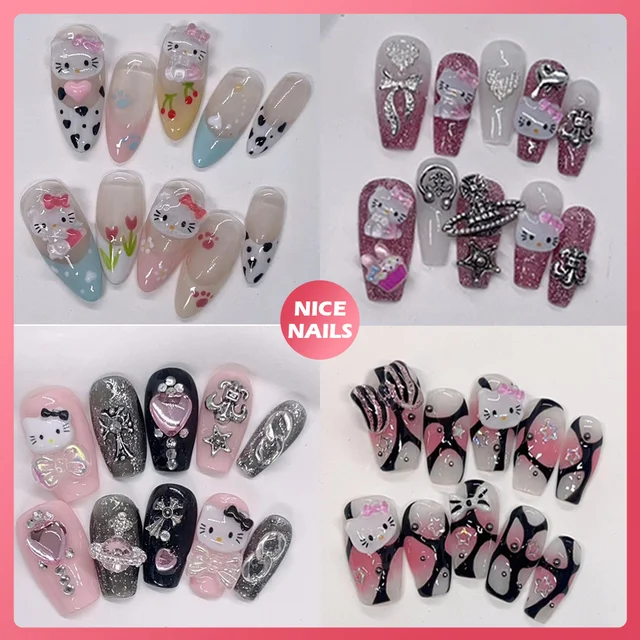 Nail Patch Mymelody Kuromi Hello Kitty Kawaii Artificial Nail Press Patch New Cartoon Fashion Detachable Hand-Worn Nail Art