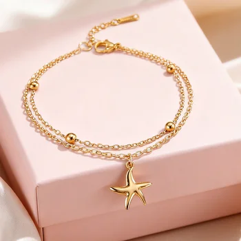 Cazador Sea Starfish Charms Women's Bracelet Stainless Steel Jewelry Beads Double Chains Hand Bracelet Gift 2025 Trend Wholesale