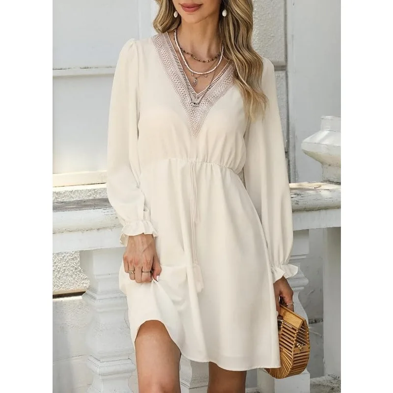 

Women's V Neck Dress Lantern Long Sleeve Lace Midi Dress Tassel Belt Shirt Dress