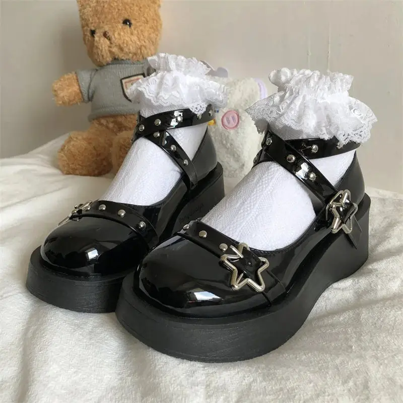 Lolita shoes Women heels platform mary janes Star Buckle Strap Cross-tied Girls Rivet Casual kawaii shoes lolita shoes