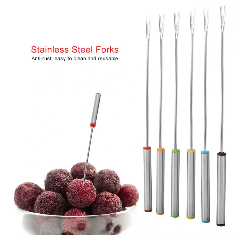 6Pcs/Set Stainless Steel Chocolate Fork Cheese Pot Hot Forks Fruit Dessert Fork Fondue Fusion Skewer Kitchen Tools