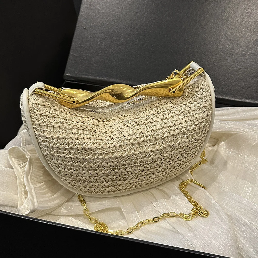 Women Elegant Knitting Handbag Straw Crossbody Bags Seaside Beach Shoulder Bag Handwoven Commute Sling Bag with Metal Handle