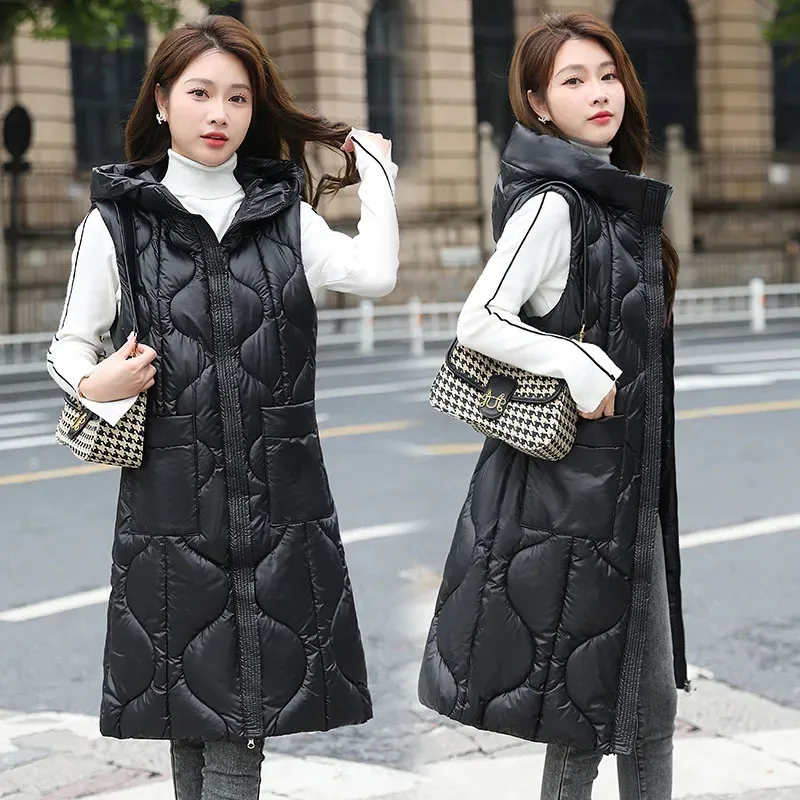 

New High Grade Women Glossy Down Cotton Waistcoat Autumn Winter Warm Padded Vest Jacket Female Korean Long Hooded Parker Vests