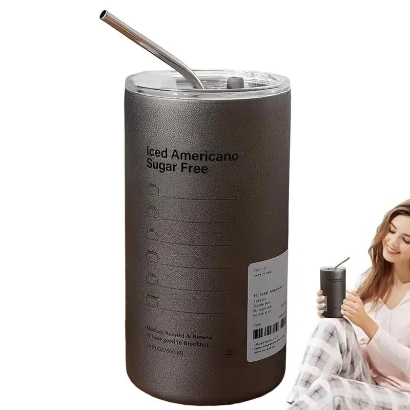 

Металлическая бутылка для воды, уличная Изолированная кофейная кружка, 600 мл, Двухстенная бутылка для питья, модная чашка с соломинкой для сока