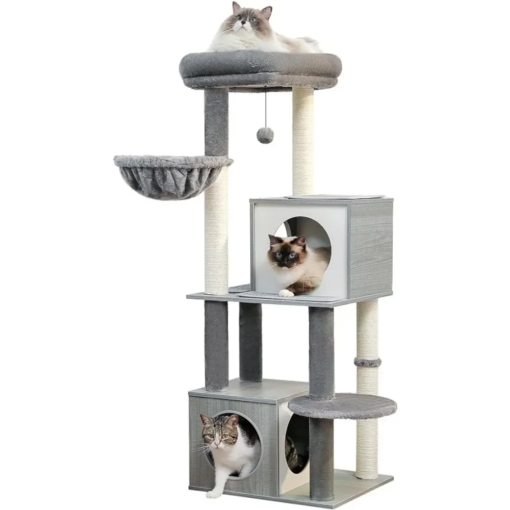 

51 Inches Wooden Cat Tower With Double Condos Scratcher for Cats Products Large Perch Beds and Furniture Scraper Toys Pet Tree