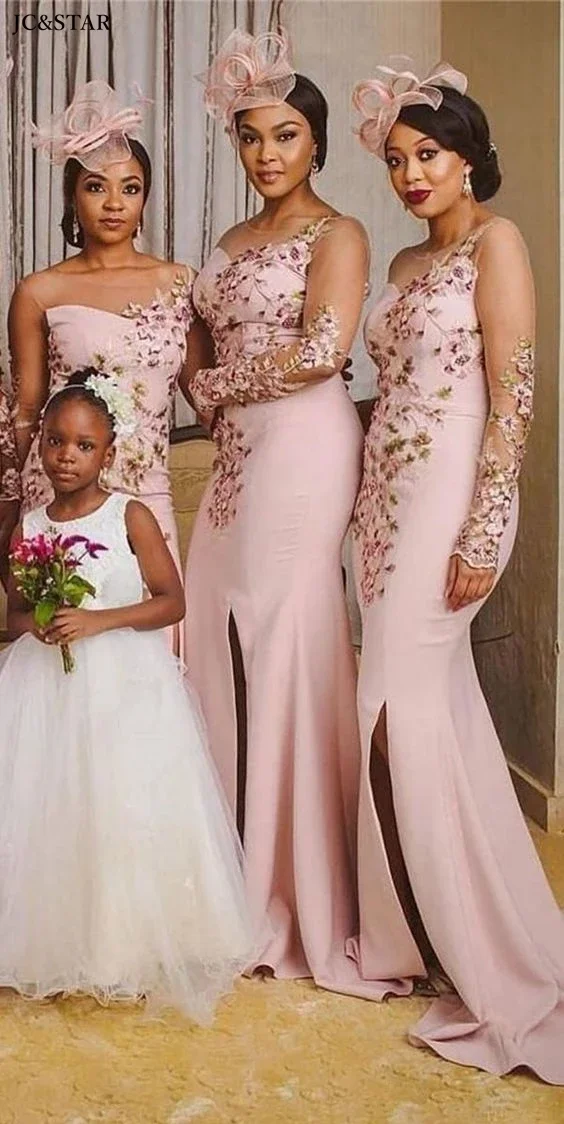 Dusty Pink 3D Flower Sexy Mermaid Bridesmaid Dress Tulle See-through Satin Women Evening Robe Long Sleeve Luxury Party Gown