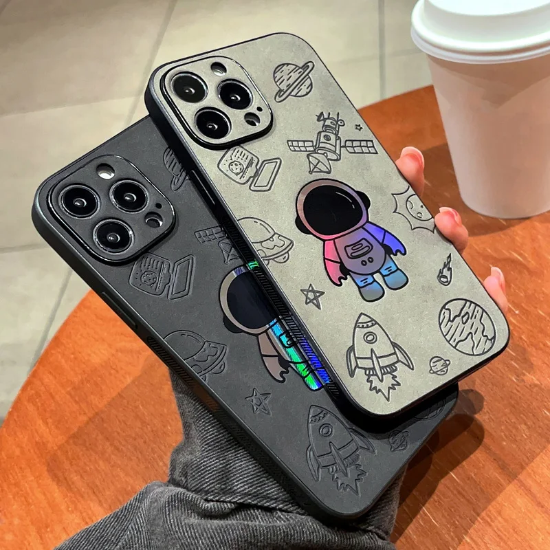 

INS cool Embossed Leather Laser Star Astronaut Love Heart Case For iPhone 14 Plus 13 12 11 Pro Max Cases Soft Bumper Back Cover
