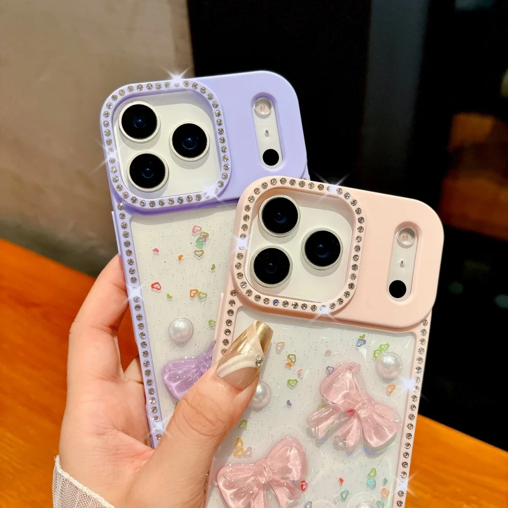 Shiny Diamond 3D Pearl Bow Plating TPU Epoxy Shockproof Transparent Phone Case
