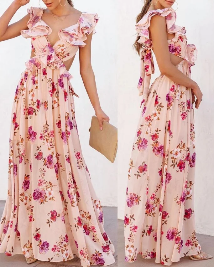 

Party Temperament Dresses For Women 2023 Brilliant Floral V-Neck Print Ruffle Backless Beach Long Women's Dresses Vestidos
