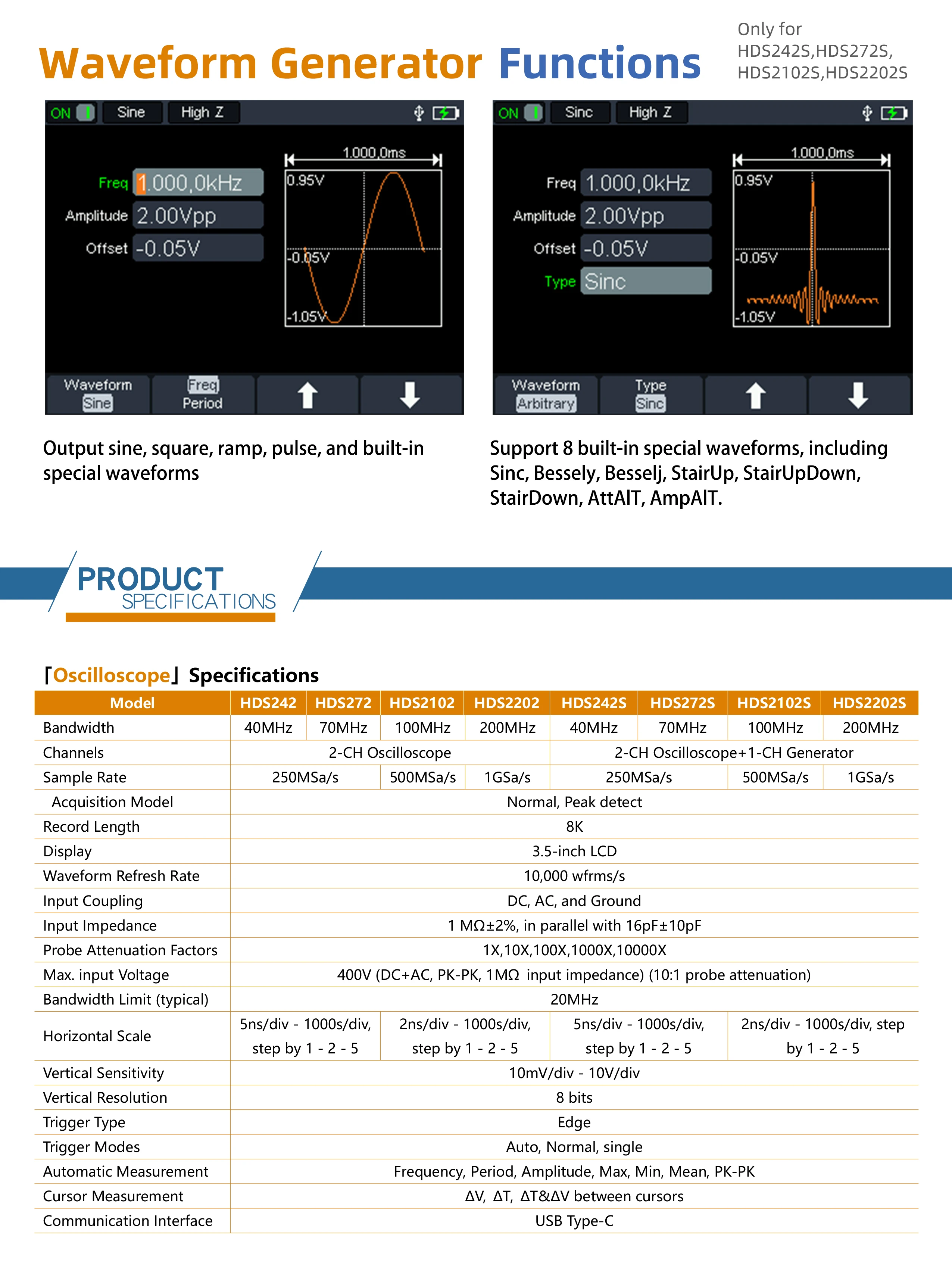 HDS242S HDS272S HDS2102S HDS2202S Handheld Digital Oscilloscope 200MHz 1GSa/s 2C