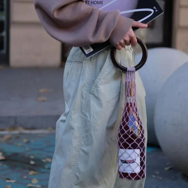 

Reusable Wine Water Bottle Carrier Bag Handwoven Wine Tea Fruit Pot Net Ins Boho Summer Beach Wine Bag with Wood Handles