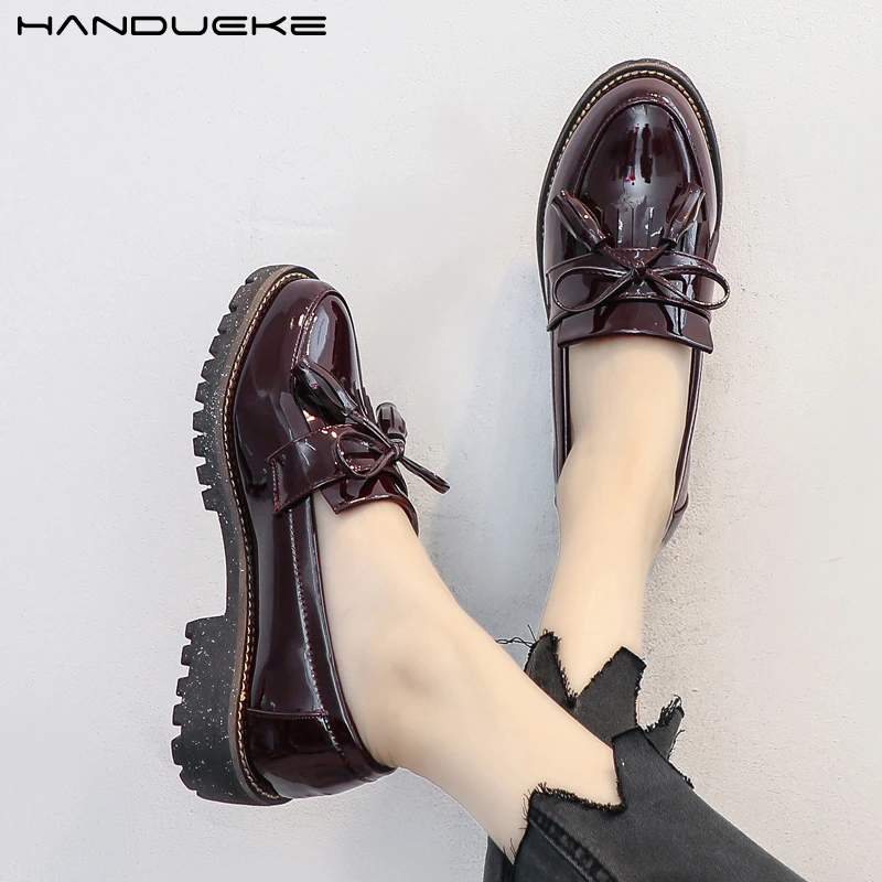Plus Size 41 42 43 Oxford Shoes for Women Patent Leather Shoes Woman Bowknot Slip on Women Flats Tassels Ladies Leather