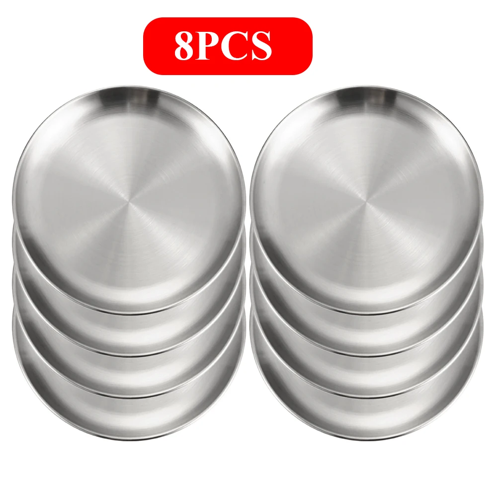 Dining Dish 8PC Metal Stainless Steel Round Plate Shallow Tray 14/17/20/23/26cm BBQ Picnic Camping Food Container Tableware Set