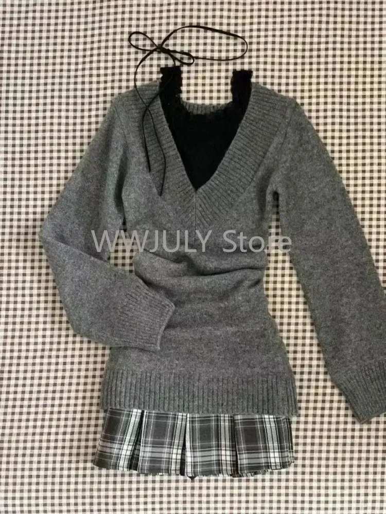 Autumn Winter Woman Gyaru Coquette V-neck French Vintage Sweater Long Sleeve Pullovers Knitwears 2000s Aesthetic Old Money Thick 2