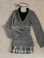 Autumn Winter Woman Gyaru Coquette V-neck French Vintage Sweater Long Sleeve Pullovers Knitwears 2000s Aesthetic Old Money Thick 2