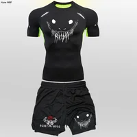 Anime drôle visage 2 en 1 Shorts t-shirt costumes hommes Fitness respirant seconde peau Compression chemises ensembles gymnase Double pont Shorts 6