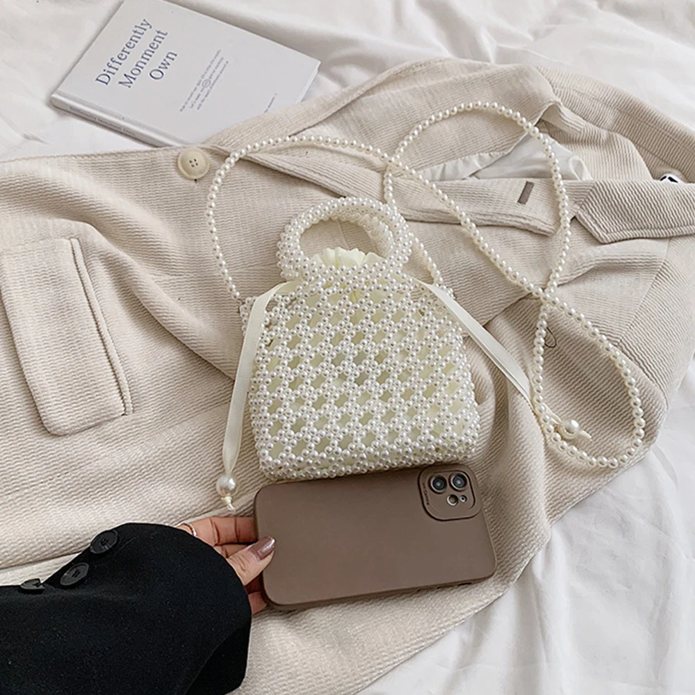 Elegant Pearls Bags for Women Designer Handbags Beaded Woven Shoulder Bag Hollow Crossbody Bags for Women Evening Bag Clutch New