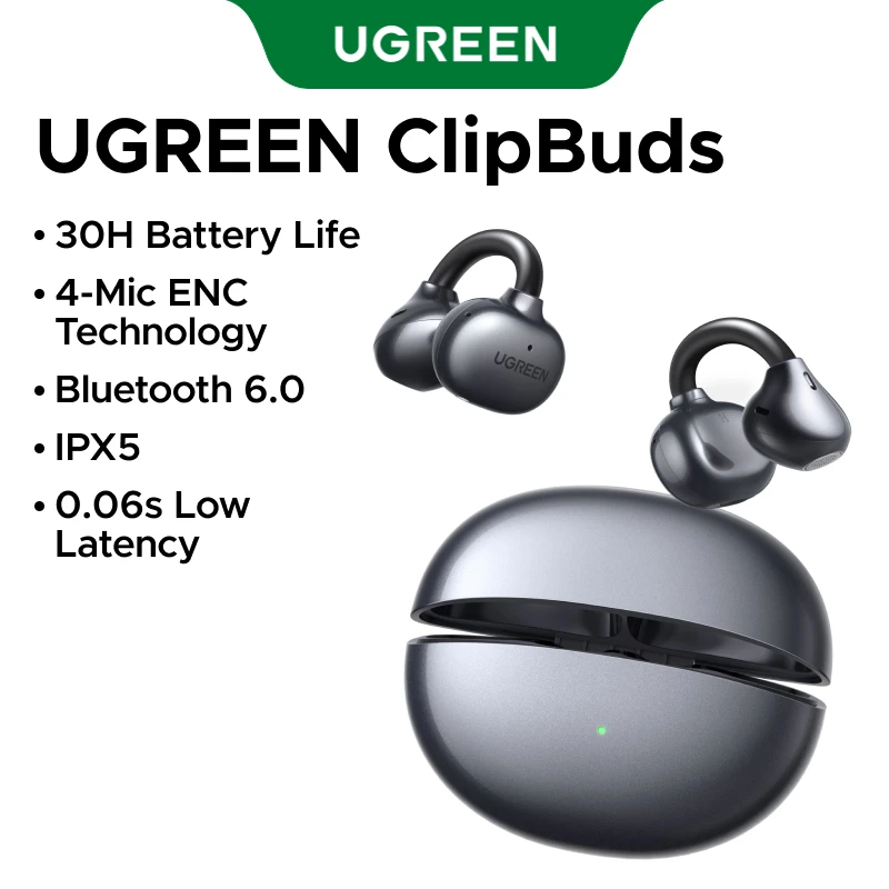 UGREEN ClipBuds Bezprzewodowe słuchawki douszne z otwartym przestrzeniem dźwiękowym Bluetooth 6.0 z 4 mikrofonami, czyste połączenia, słuchawki z klipsem na ucho, 30 godzin odtwarzania