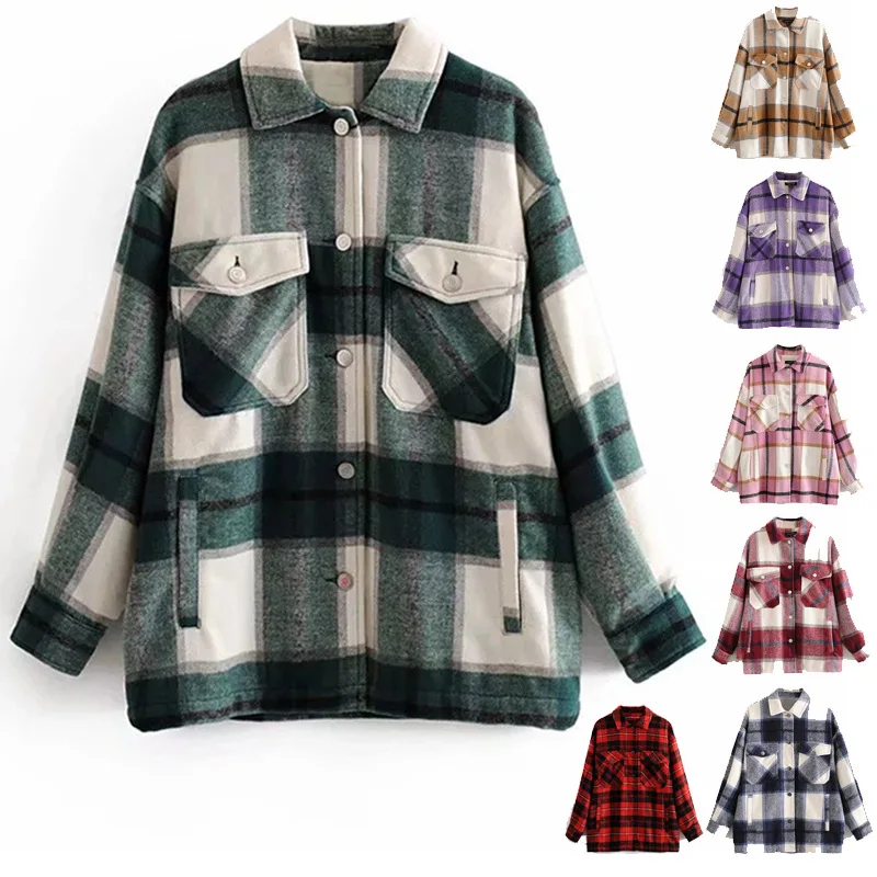 

Women's Shirt Coat Flannel Casual Plaid Long Sleeve Retro Loose Button Cardigan Female Autumn Winter Polo Collar Shirt Coat