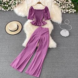 2024 Women Summer Fashion Casual Pants High Waist Drape Wide Leg Pants Square Collar Pleated Short Blouse Two-piece Suit Female