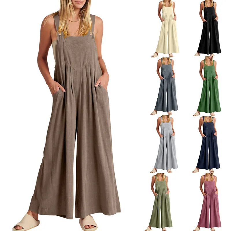 Jumpsuit ladies solid color loose casual cotton and linen suspenders jumpsuit simple commuting style, comfortable and casual