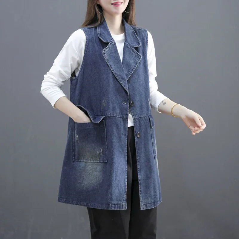 2023 New Denim Vest Women Spring Autumn Sleeveless Mid Long Suit Collar ...