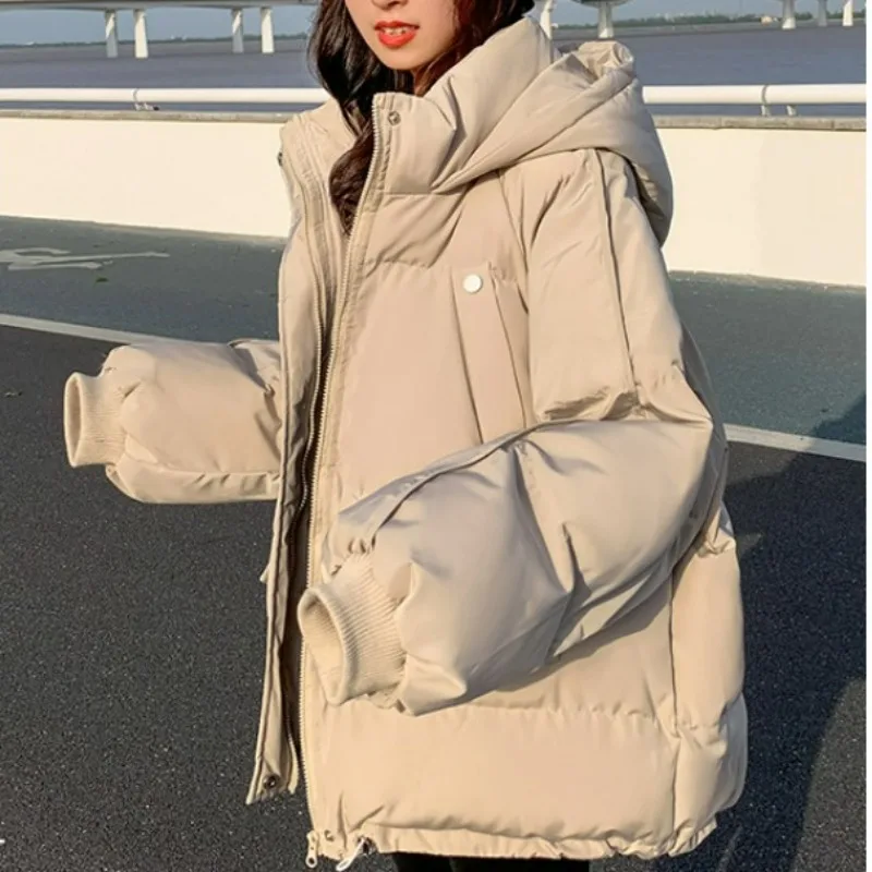 

2023 New Women Down Cotton Coat Winter Jacket Female Short Versatile Parkas Loose Thick Outwear Solid Color Hooded Overcoat