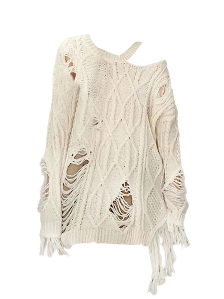 

Autumn Winter Woman Vintage Goth Long Sleeve Baddie Style Jumper Harajuku Sweater Hole Tassel Jerseys Oversize Y2k Streetwear