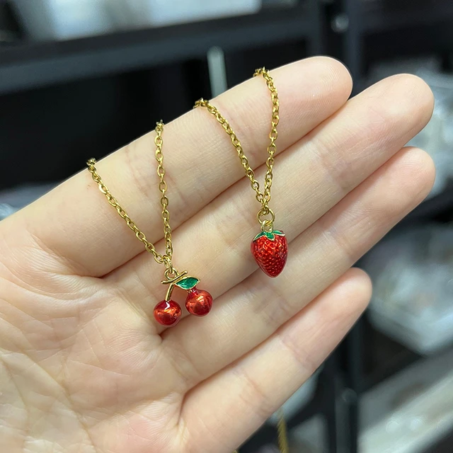 Wholesale Ins fashion gold plated necklace choker simple cute women fruit  peach strawberry cherry pendant necklace jewelry From m.