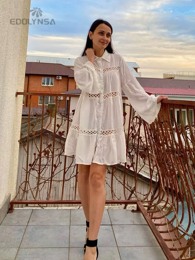 Women Swimsuit Cover Ups Mandarin Sleeve Kaftan Beach Tunic Dress Robe De Plage Solid White Pareo Beach Cover-ups  #Q429 - 3