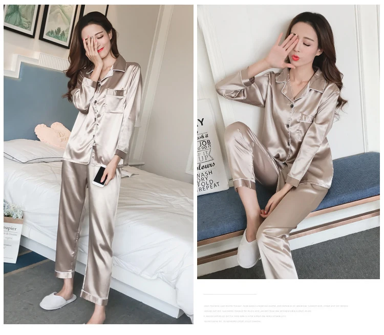 Autumn Winter Women’s Ice Silk Pajama Set Long Sleeve Cardigan 17