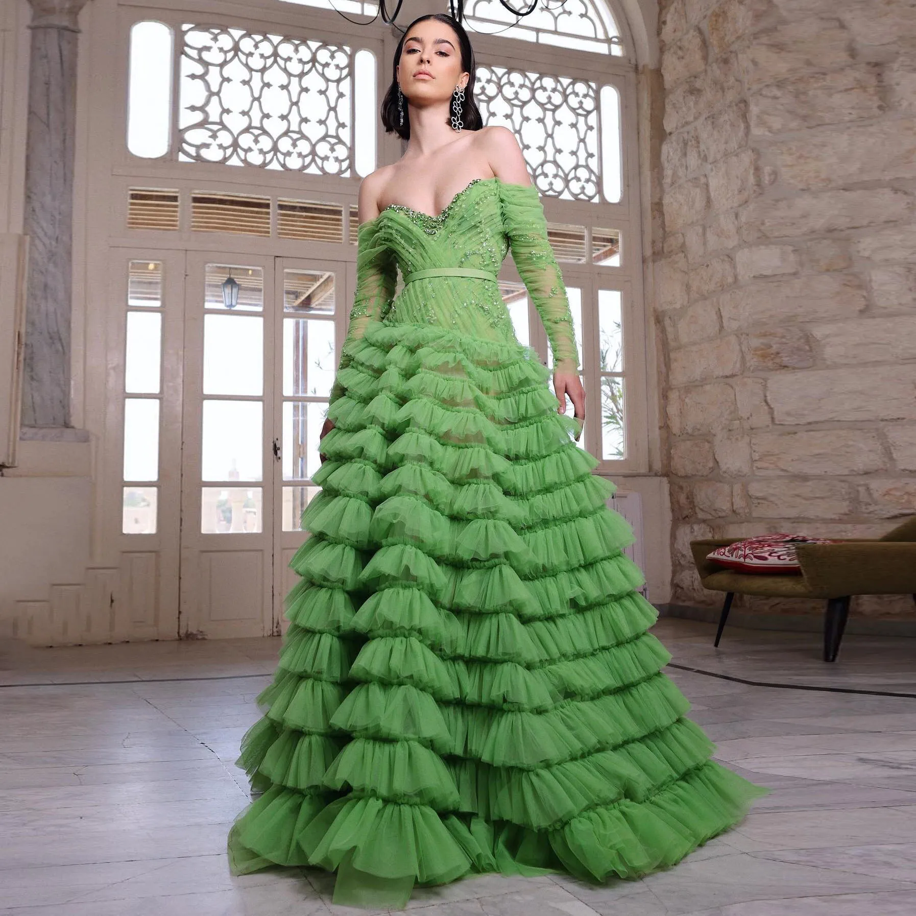 

Elegant Grass Green Layered Long Tulle Maxi Dresses Full Sleeves Lace Beaded Modest Formal Party Dresses Bridal Dress